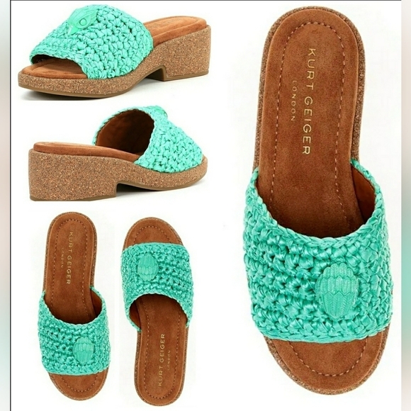 Kurt Geiger Shoes - Kurt Geiger Boho Chic Turquoise Crochet Wedge Slip-On Slide Sandals New